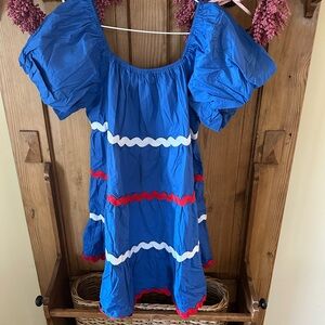 Blue Dress with Red and White Accents